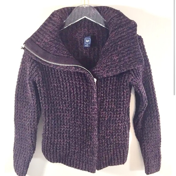 Gap Women Zip Up Sweater Burgundy Black Chunky Knit Small Short - Picture 2 of 9